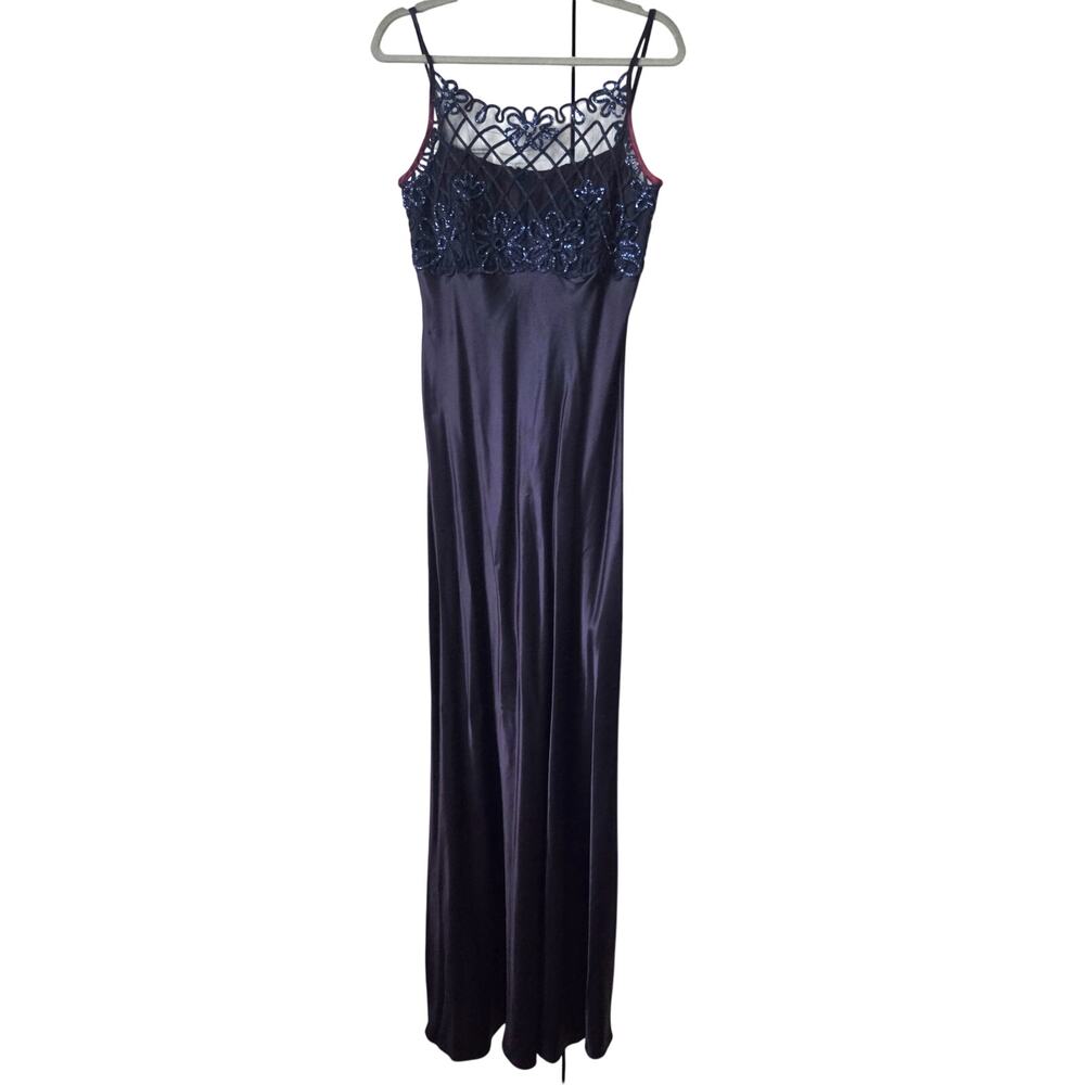 Vintage 90s Y2K Morgan & Co Navy Blue Formal Slip Dress Glitter Evening Small